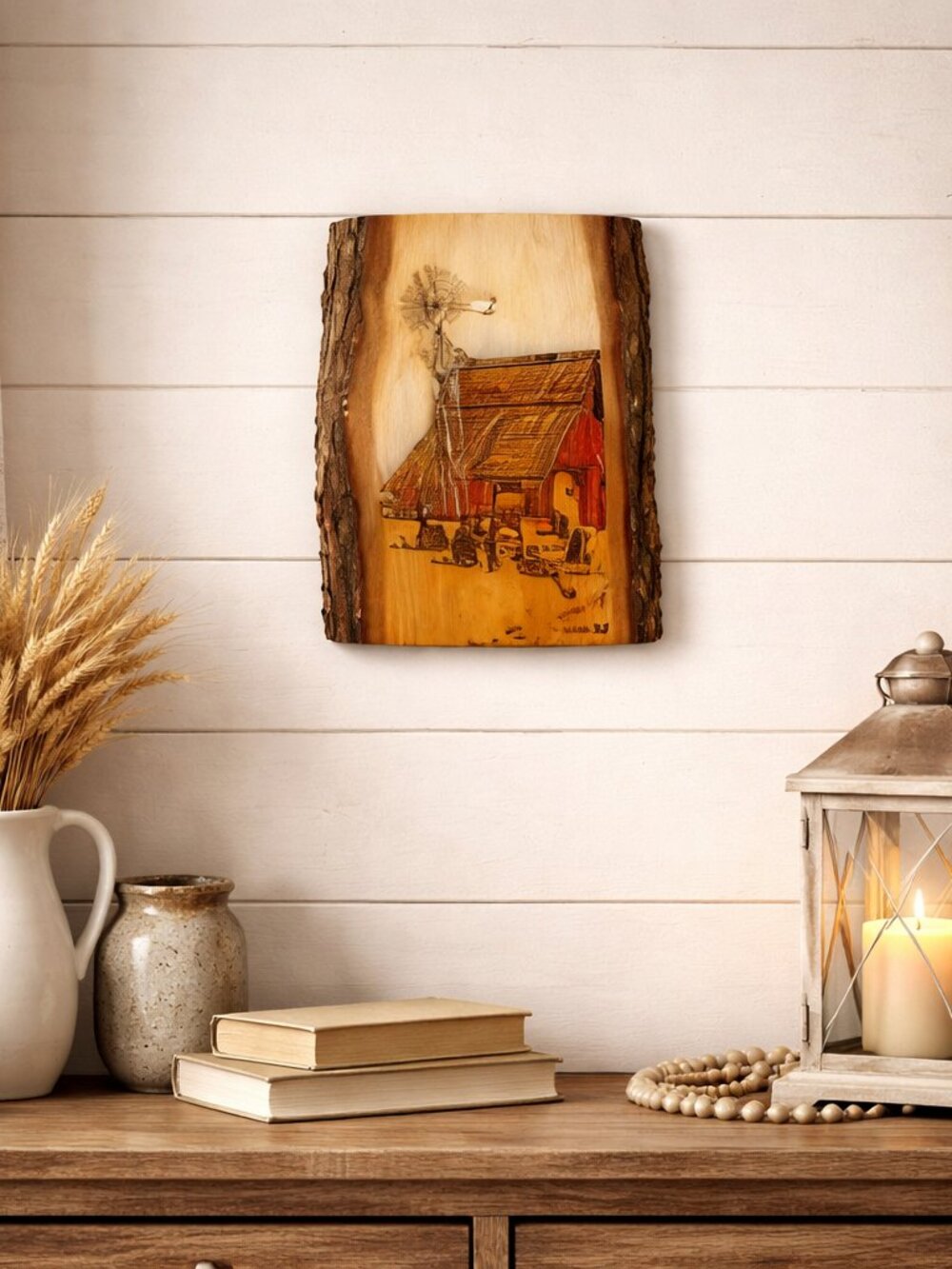 Wood Burning Wall Art Live Edge Rustic Farmhouse Barn Scene Signed Decor Spiess